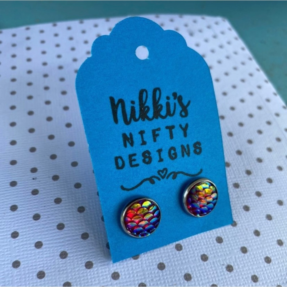 Red mermaid scale hypoallergenic stud earrings